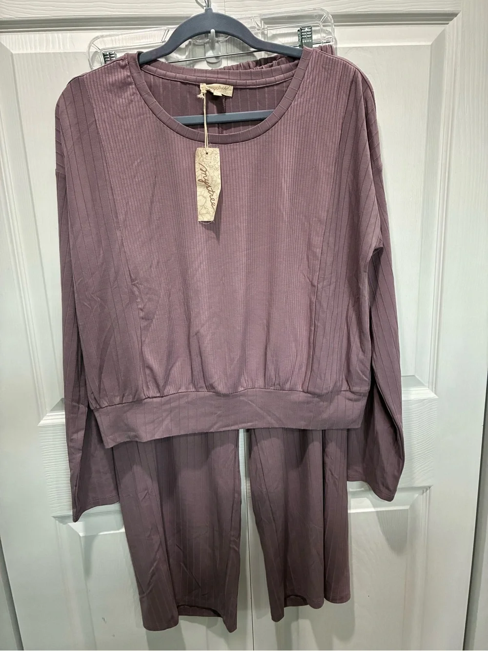 Mystree Ribbed Two-Piece Lounge Set in Dusty Lavender - Picture 1 of 8